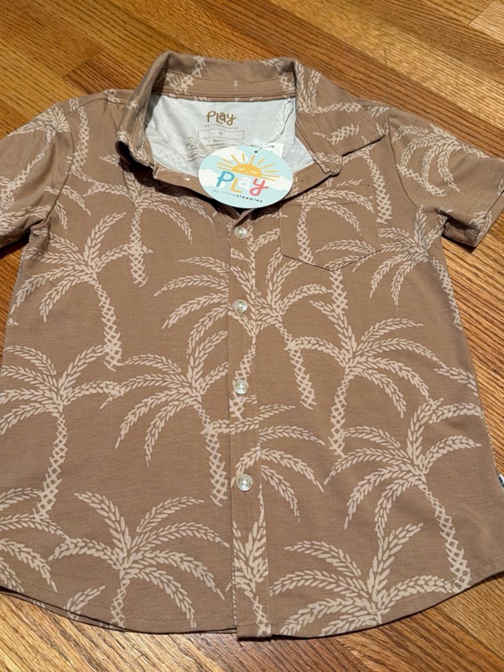 Little Sleepies Brown Button-Up Kids Shirt with Cream Palm Print